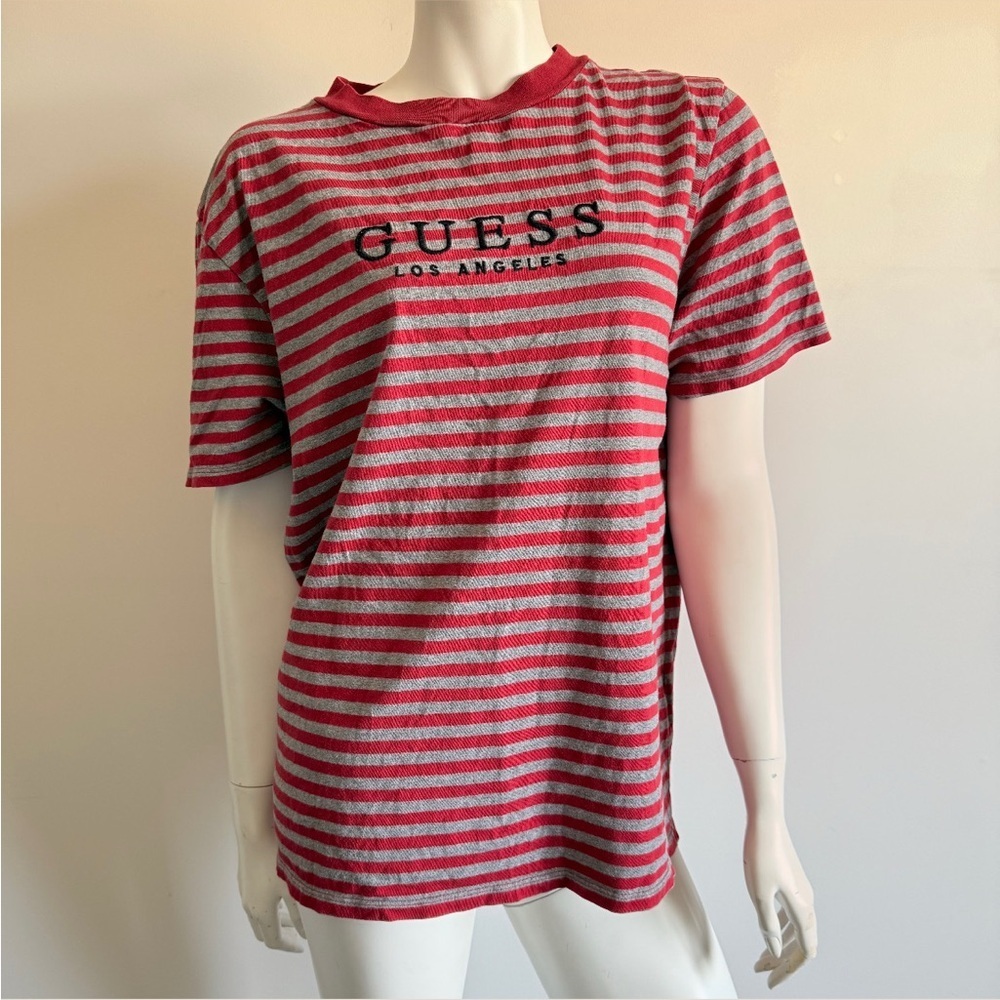 Vintage Guess 100% Cotton Striped Crewneck T-Shirt in Red and Gray